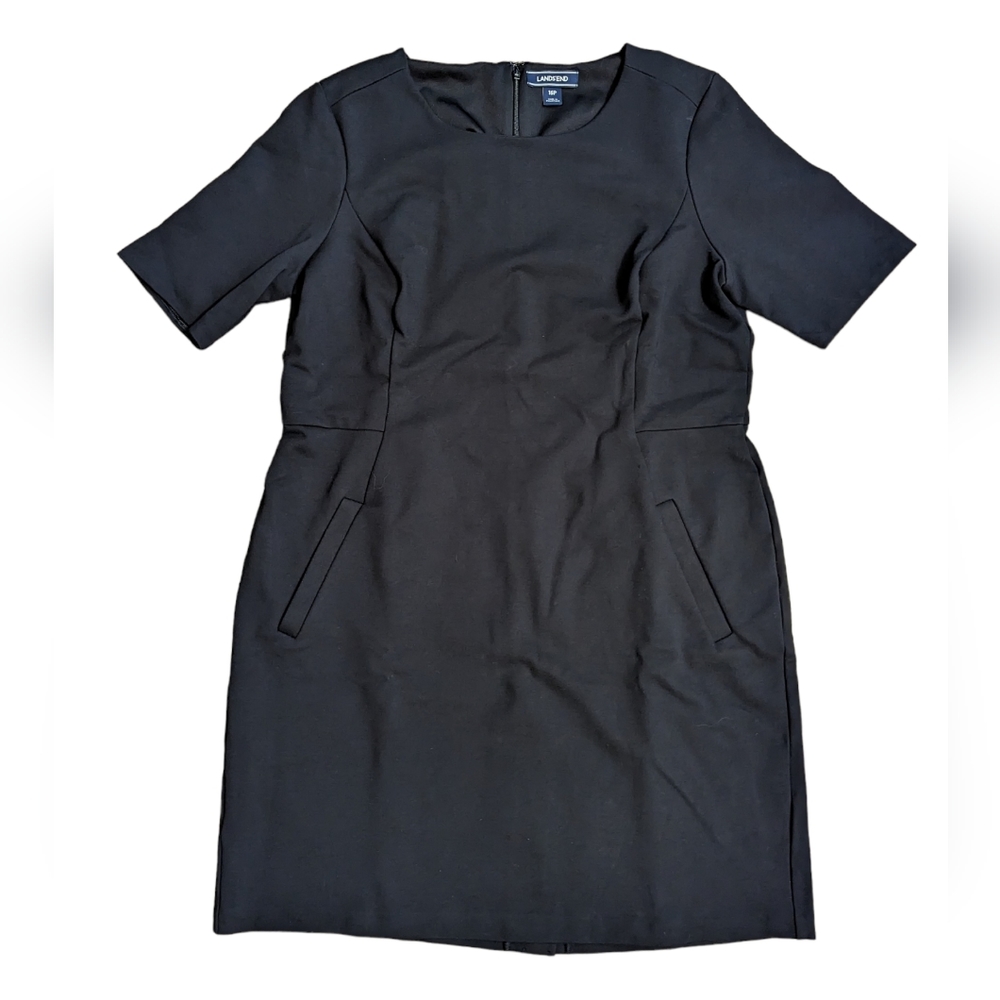 Lands' End *Sz 16P* Navy Ponte Knit Dress W/Pockets Elbow Sleeves